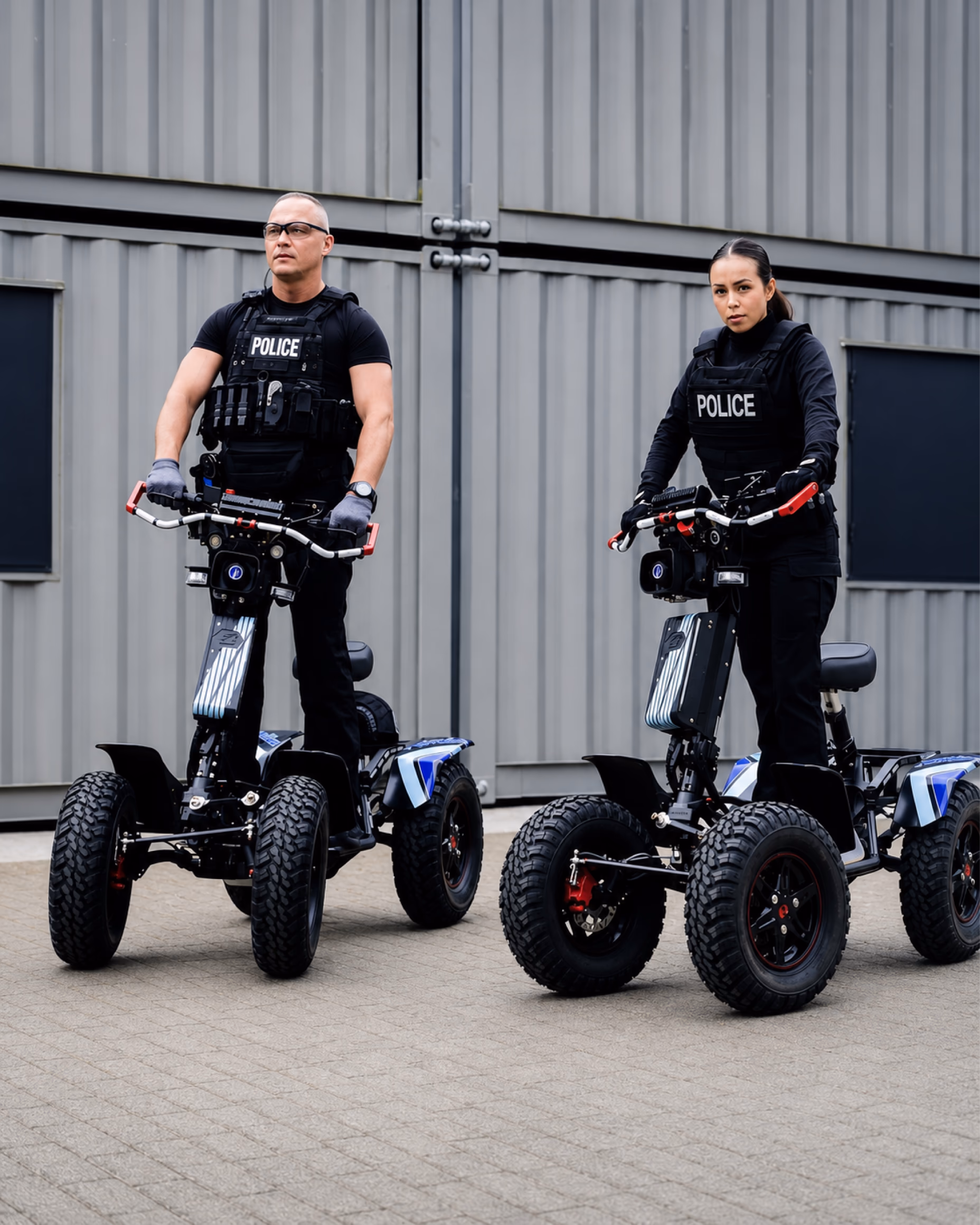 Two uniformed police officers standing on EZ Raider vehicles outside a building